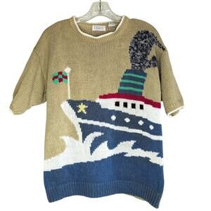 Honors Apparel ramie/cotton knit top with ship motif, size M